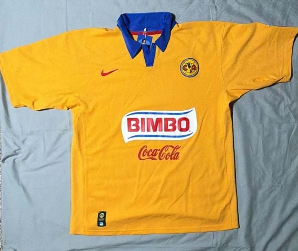 Vintage Nike Club America Soccer Jersey Yellow Blue Bimbo Coca-Cola